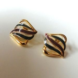 Vintage Elegant Gold Plated Decorated with Dark Red Dark Blue Enamel Earrings